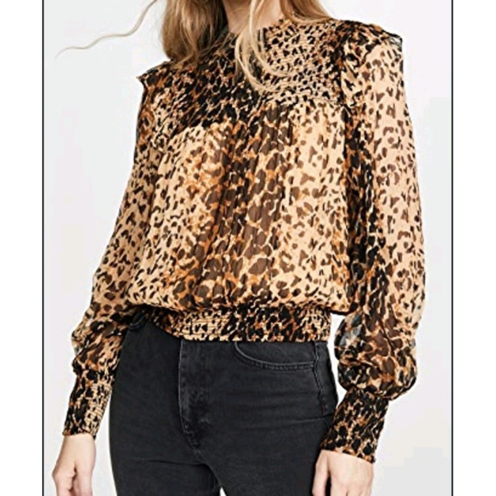 Free People Roma Leopard Print Smocked Mock Neck Blouse Size XS EUC